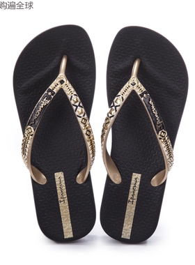 巴西原装进口时尚黑色防滑南美女式人字拖 坡跟沙滩拖鞋 女款凉拖