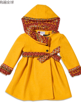 法国 cocolico儿童女宝宝纯羊毛连帽秋冬呢大衣外套风衣黄色3-8岁
