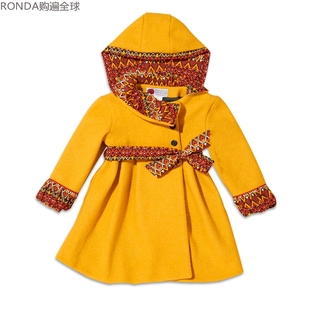 法国 8岁 cocolico儿童女宝宝纯羊毛连帽秋冬呢大衣外套风衣黄色3