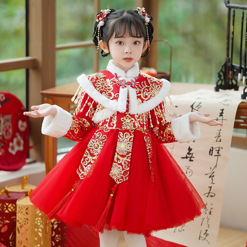 拜年服女童冬季汉服2025新款加厚冬款女宝喜庆儿童装过年新年衣服