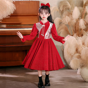 女童连衣裙冬2026冬装新款儿童公主裙新年红色裙子过年拜年服冬季