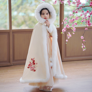 汉服女童冬季喜庆加绒加厚斗篷长款中国风小女孩古装儿童披风外套
