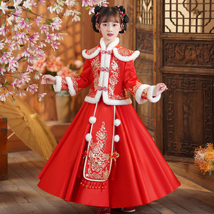 汉服女童秋冬拜年服冬季加绒儿童古风旗袍唐装中国风喜庆过年冬装