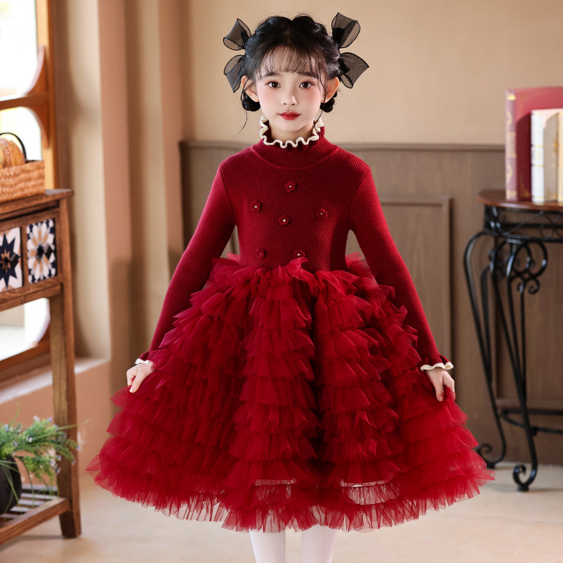 女童红色连衣裙冬装2026新款儿童公主裙冬季新年装女孩过年拜年服