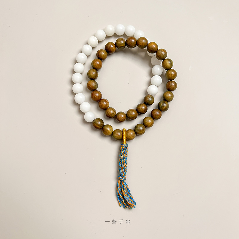 原创绿檀木白玉菩提手串棉线流苏复古简约女檀香两圈佛珠男手链
