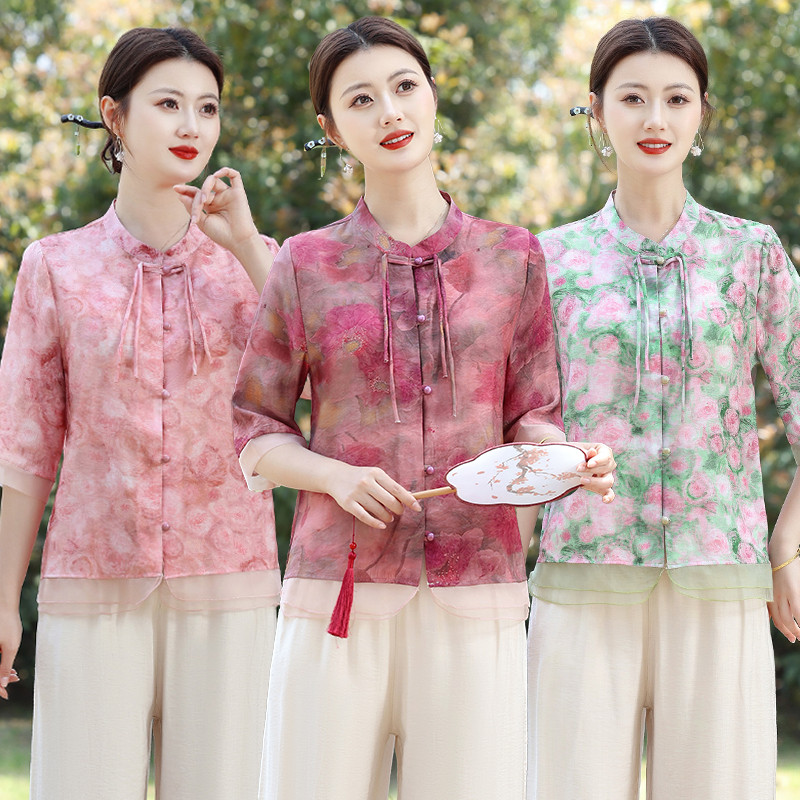 2025夏季新款妈妈中袖时尚衬衫女中老年印花棉麻上衣阔腿裤两件套