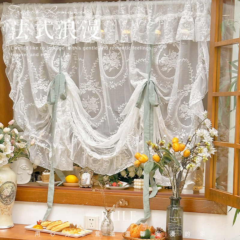 法式蕾丝免打孔系带拉绳提拉帘