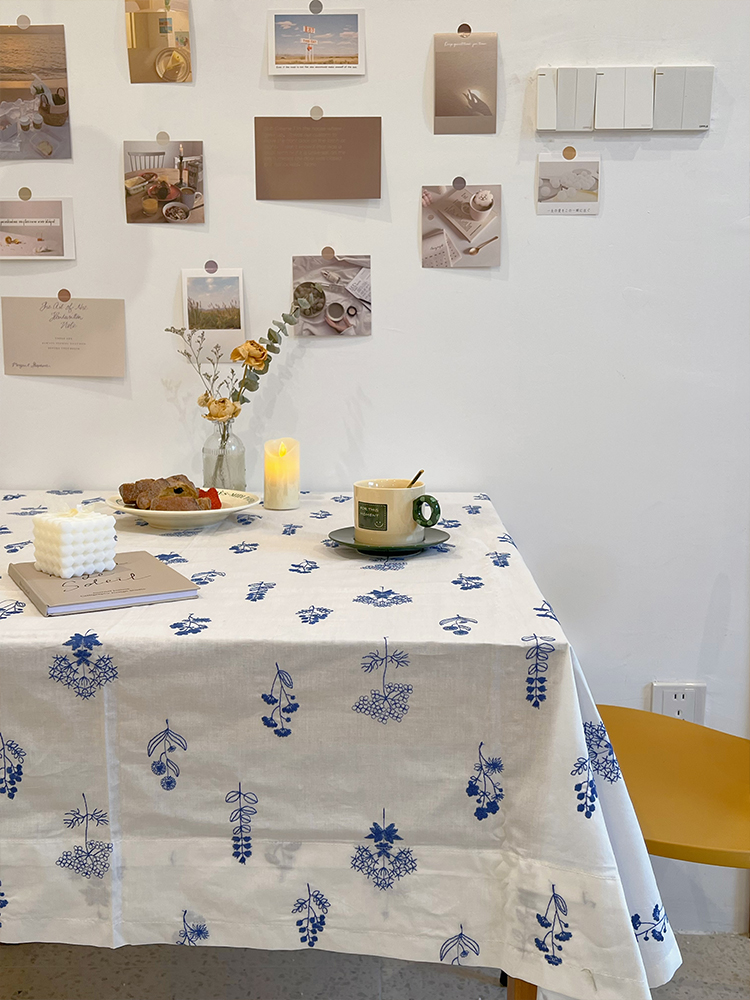 韩式小清新桌布蓝花刺绣日式棉麻白色盖巾茶几布田园圆桌复古装饰