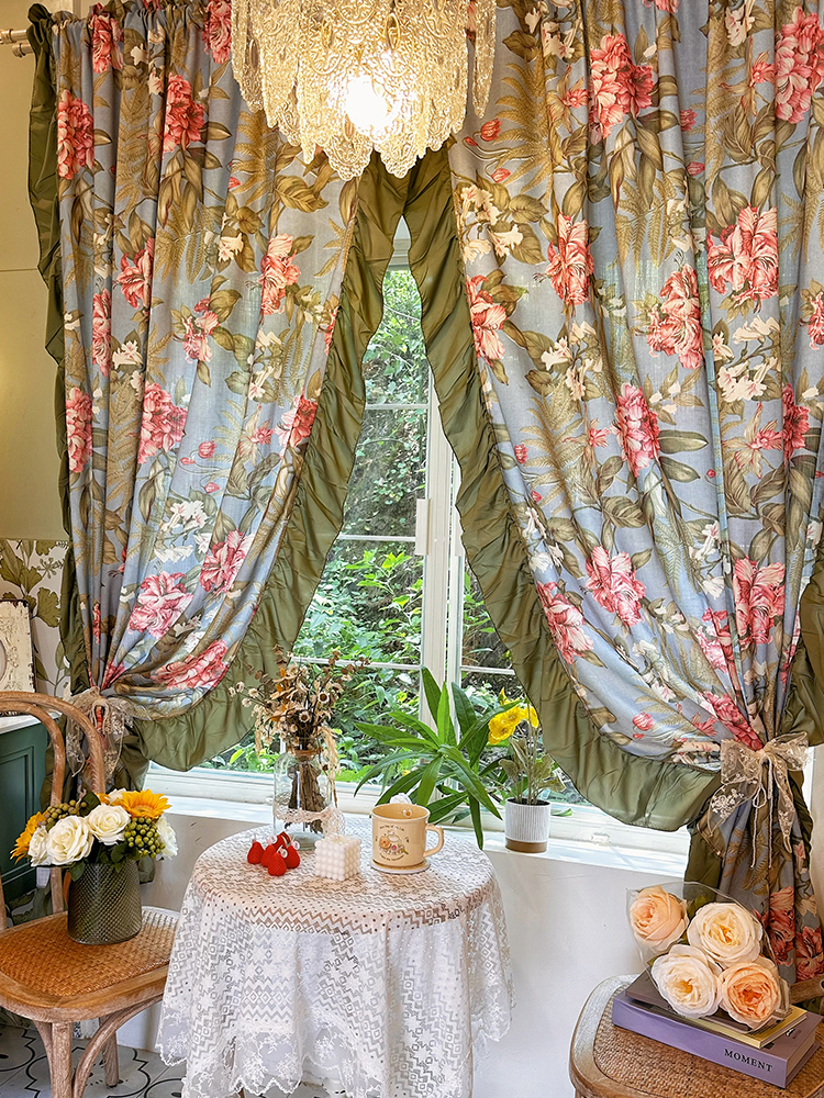 棉麻美式复古大花绿色荷叶边窗帘