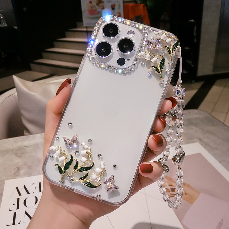 苹果17透明水钻手机壳iphone16promax高档铃兰花13mini日韩保护套15适用XR网红抖音同款12全包防摔1