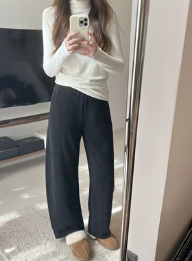 【纹理呢料裤】高品质秋冬厚款松紧高腰直筒阔腿毛呢休闲裤