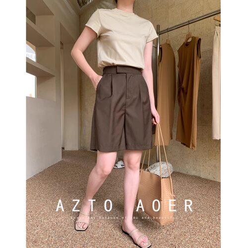 2025年夏季新款简约通勤卡其色短裤宽松半裤高腰5分裤女西装中裤