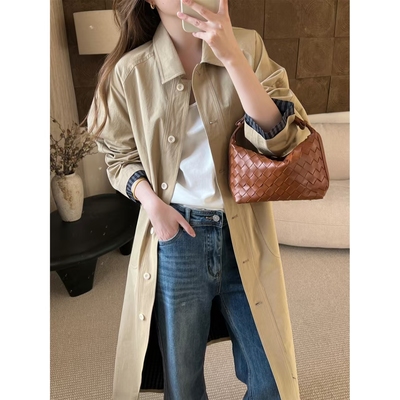 2025春季新款宽松高品质格纹拼色休闲风衣女长款