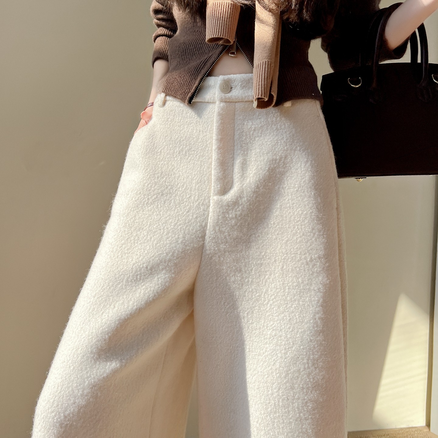 梨形身材显瘦慵懒风羊毛九分阔腿裤女2025秋冬宽松垂感休闲直筒裤,女装/女士精品,大码裤装,淘宝优惠券,粉丝福利购,淘宝优惠卷