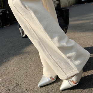 气质通勤风羊毛糯米西裤女秋冬高腰垂坠感软糯窄版显瘦微喇毛呢裤