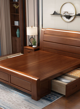 中式原木全实木双人床1米5 高箱储物家具 主卧室家用1米8橡木大床