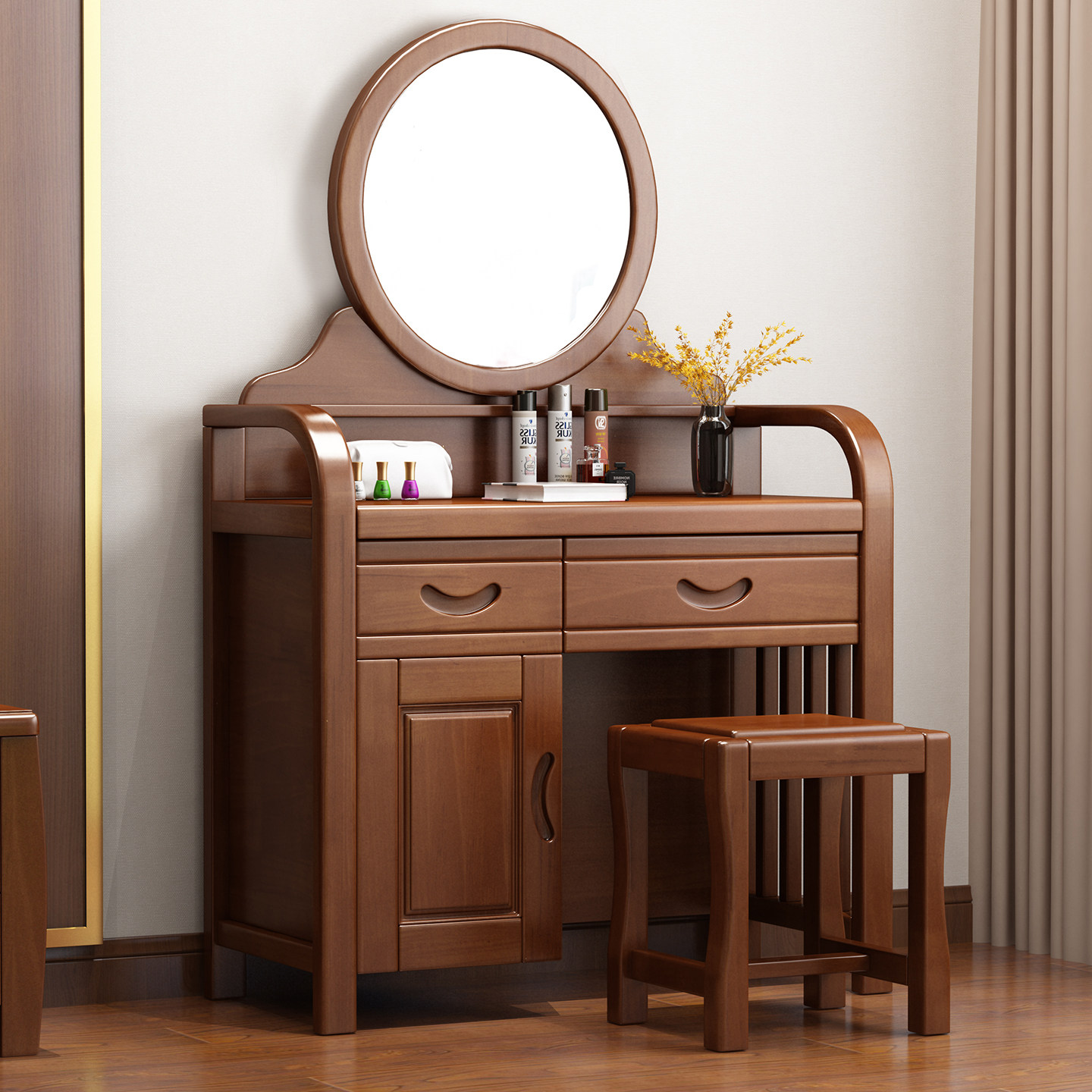 中式复古主卧室实木梳妆台 带镜子凳子化妆桌子 原木简约组装家具