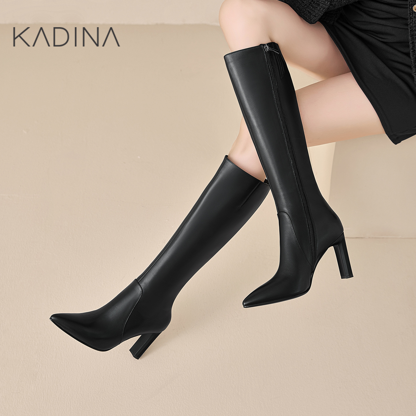 卡迪娜商场同款牛皮骑士靴2025冬季新款长靴长筒靴高跟KA251519