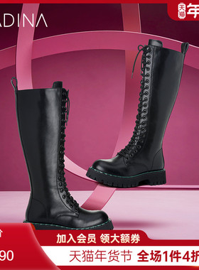 卡迪娜新款欧美粗跟中跟长筒靴高筒瘦瘦厚底马丁靴女长靴KLA11709