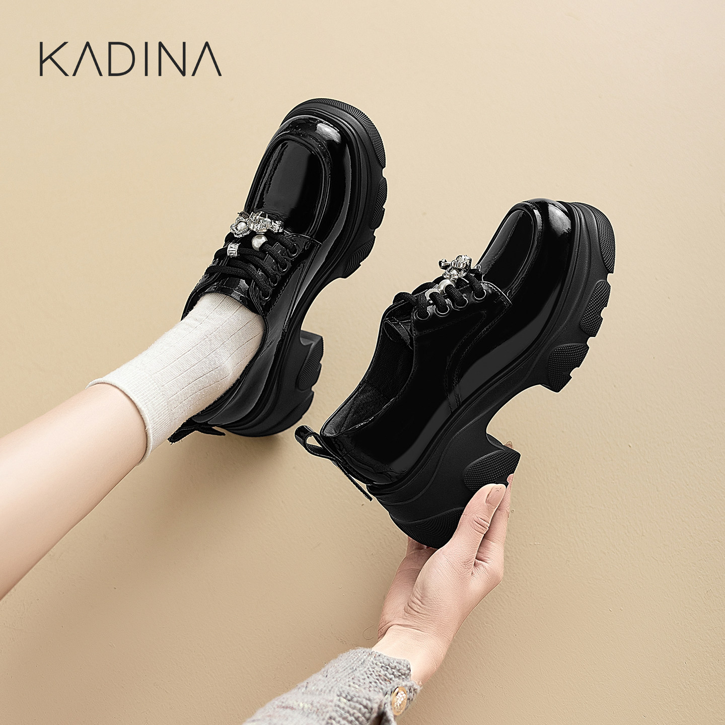 卡迪娜英伦风厚底乐福鞋女黑色漆皮系带小皮鞋百搭单鞋KS261808,女鞋,乐福鞋（豆豆鞋）,淘宝优惠券,粉丝福利购,淘宝优惠卷