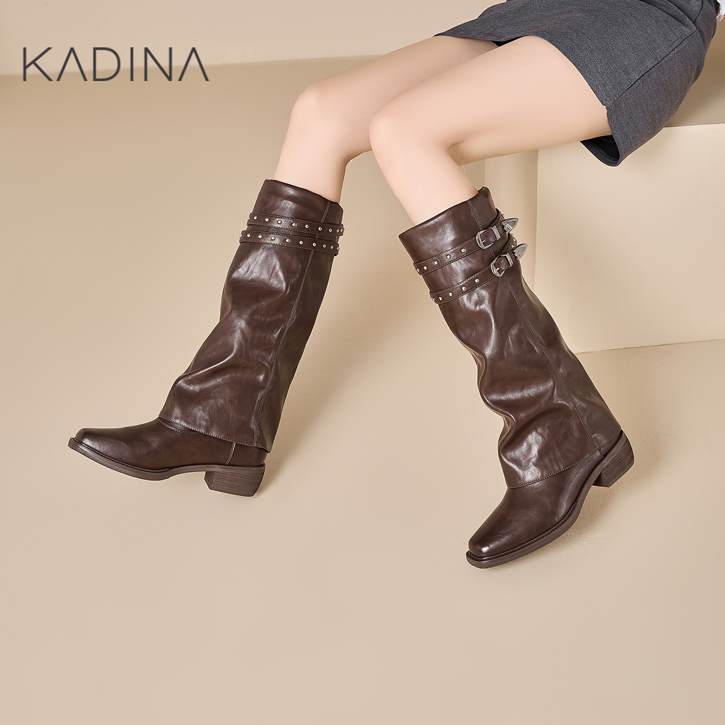 卡迪娜裤管靴靴子长筒靴女骑士靴皮带扣高筒2025新款KWA250115