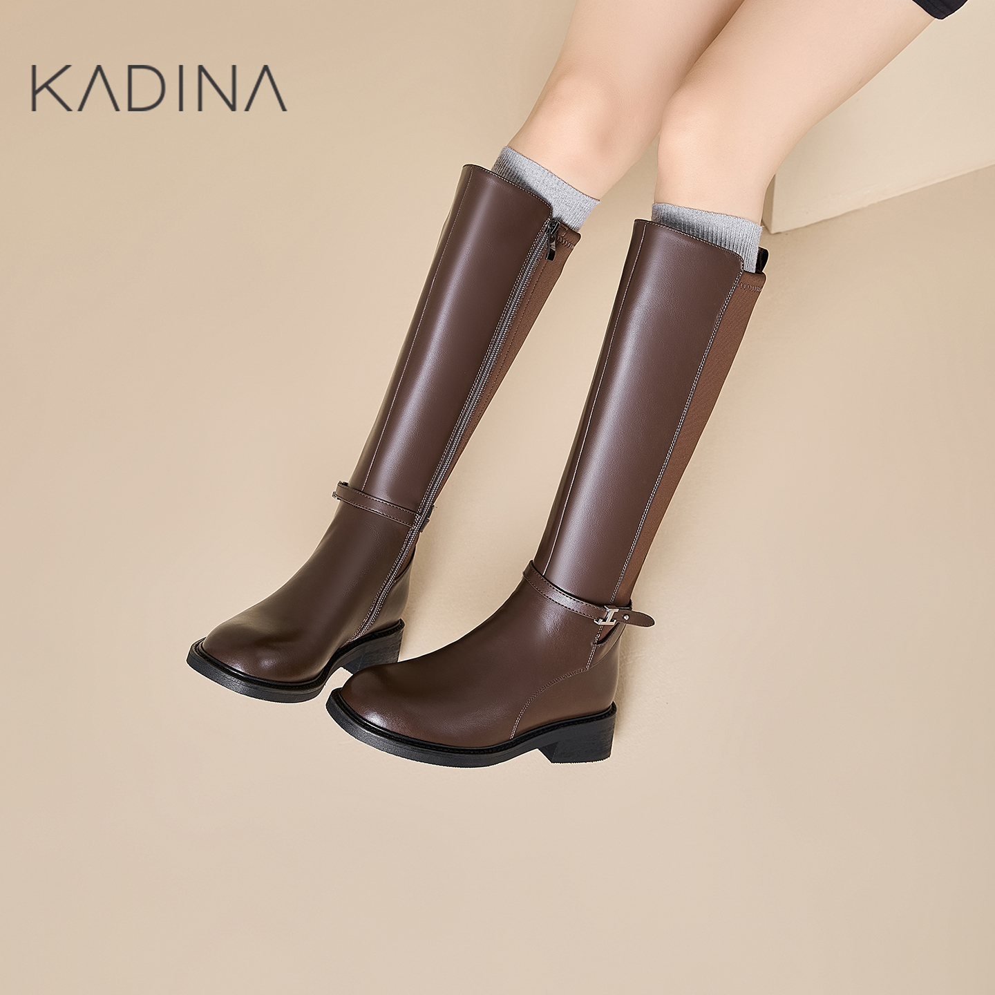 卡迪娜皮带扣高筒骑士靴靴子长筒靴女2025新款长靴超火KWA250112