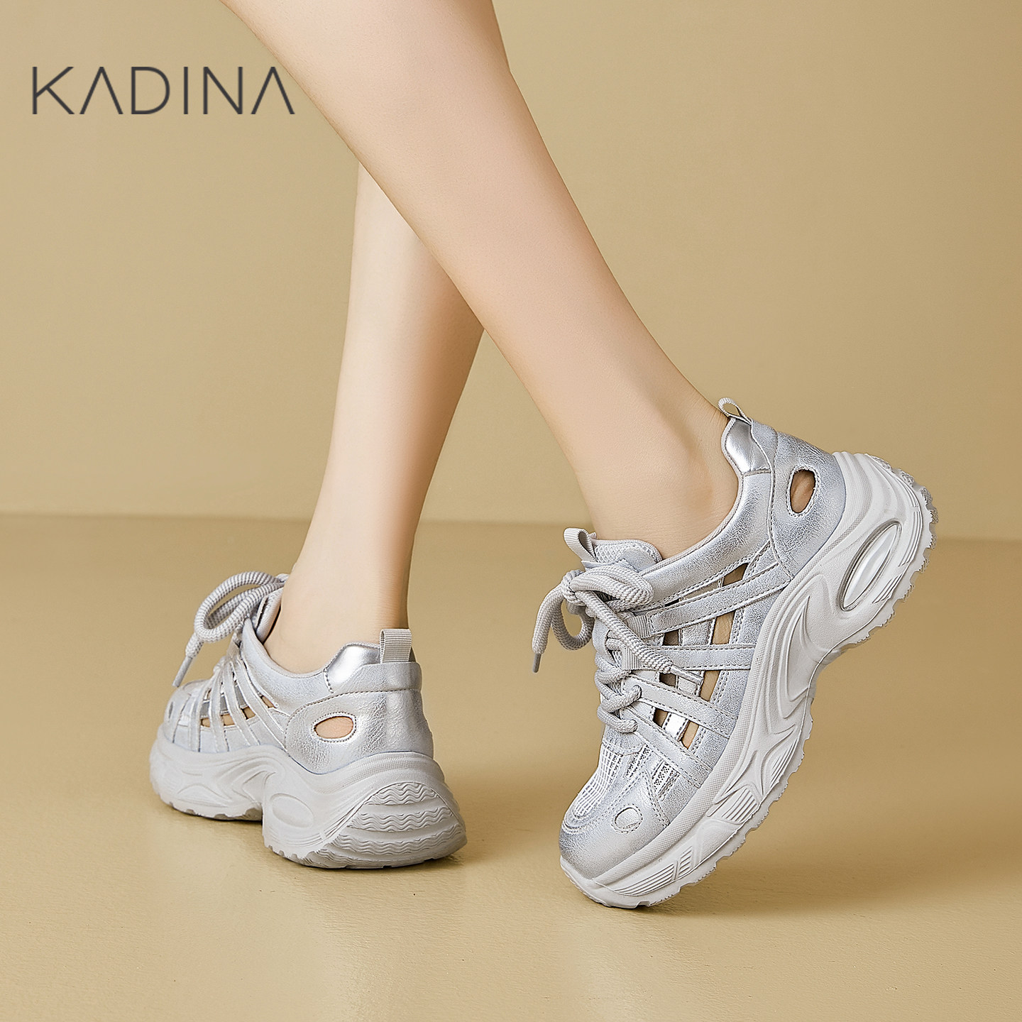 卡迪娜2025新款厚底增高透气休闲鞋网面银色老爹鞋KWCM250125