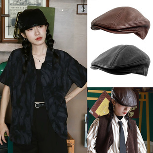 blj快时尚港风同款皮质黑色鸭舌帽咖红色前进帽鸭嘴帽复古贝雷帽