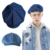 日系牛仔蓝八角帽男士 纯棉薄款 英伦报童帽贝雷帽画家帽休闲帽子女