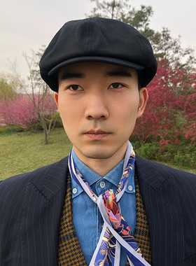 英伦黑色贝雷帽女复古画家八角帽