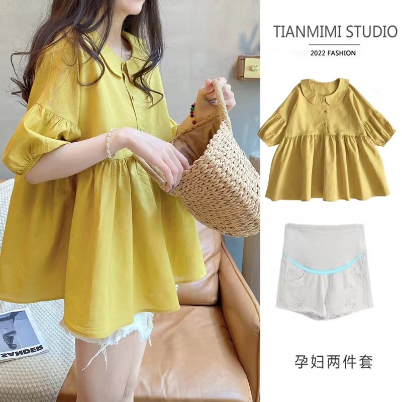 MATERNITY SUMMER SUIT FASHION KOREAN CHIFFON SHIRT TOP LOOSE BABYDOLL SUMMER CASUAL TWO-PIECE SUMMER STYLE