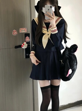 日系水手服jk制服套装米领三本学院风校供基础款长袖袖百褶裙套装