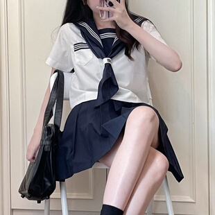 白三本原创正版女夏季学院风日系兔斯基纯色裙子海军领百褶裙短袖