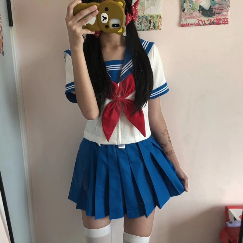 正版原创jk制服日系蓝三本水手服校供感长短袖套装学生中间制服女