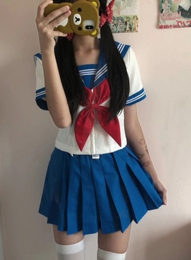 正版原创jk制服日系蓝三本水手服校供感长短袖套装学生中间制服女