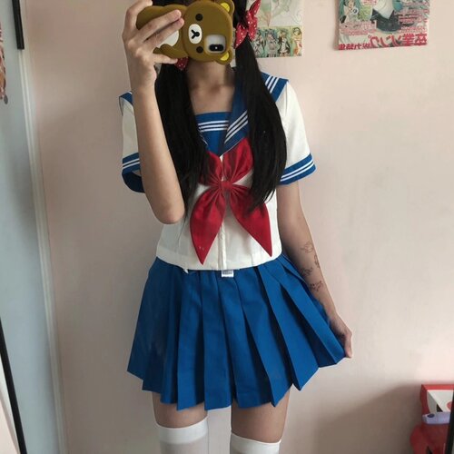 正版原创jk制服日系蓝三本水手服校供感长短袖套装学生中间制服女