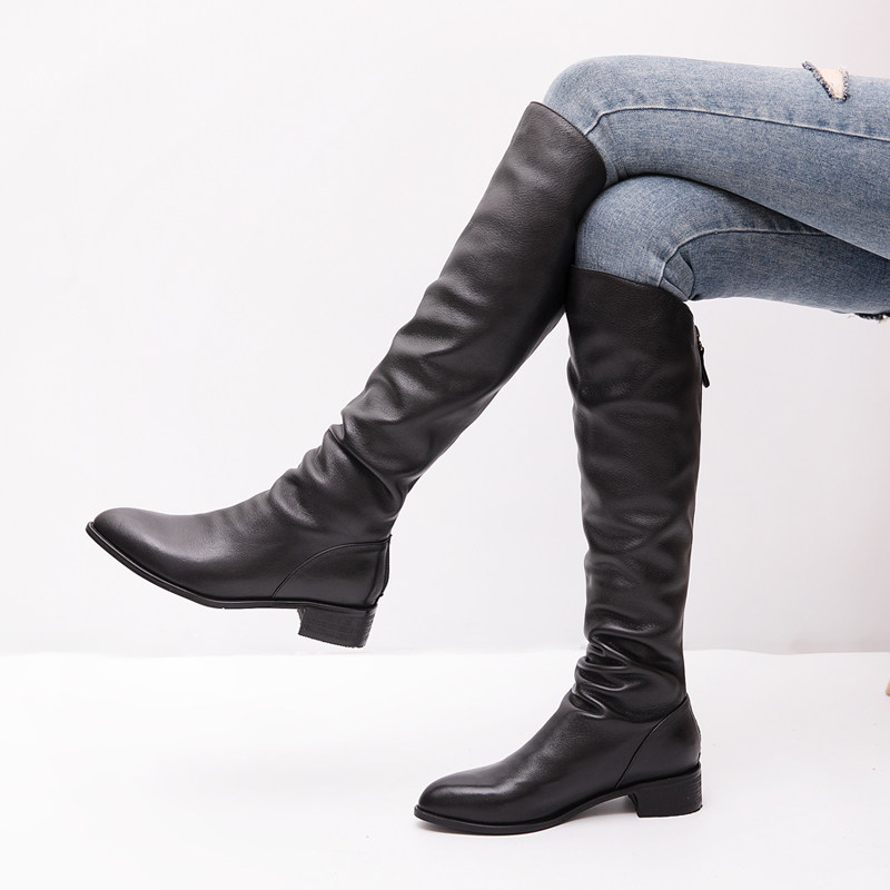 施铂薇订做马丁靴英伦风倒靴秋冬真皮尖头平底长筒高靴帅气潮女靴