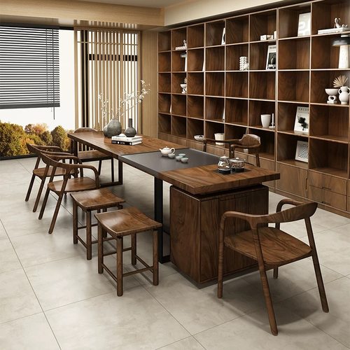 南美胡桃木茶桌椅新中式会所办公室接待一体两用纯实木大板泡茶台