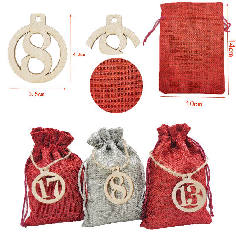 圣诞麻布礼品袋1-24位数字倒计时日历挂袋圣诞麻布糖果袋贴纸套装