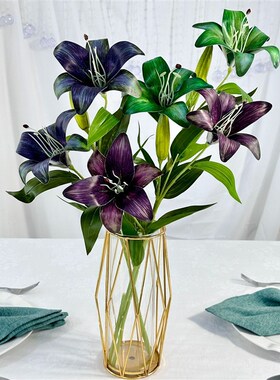 2花1蕾皮布百合仿真百合花家居装饰酒店民宿插花摆件婚庆布景假花