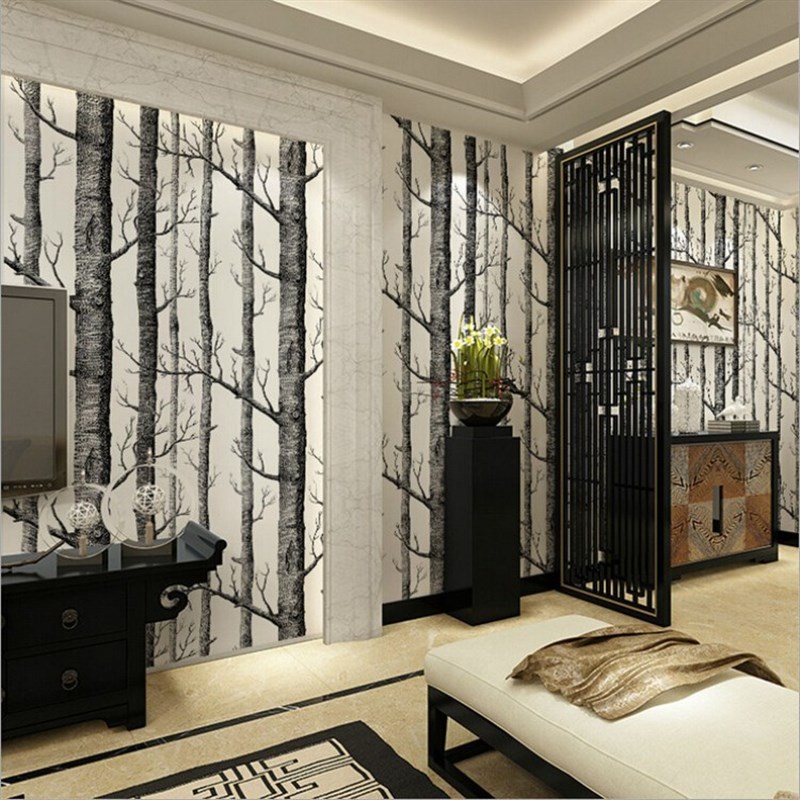 北欧特色黑白树枝木纹森林墙纸卧室客厅电视背景墙树林树木壁纸
