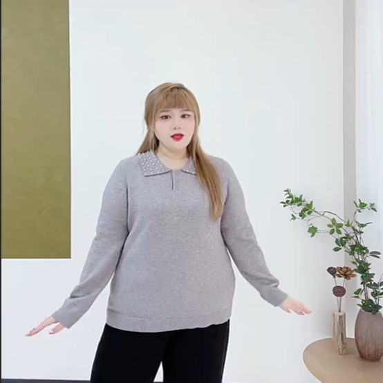 设计感减龄钉珠polo领毛衣胖妹妹大码女装秋冬休闲显瘦打底针织衫