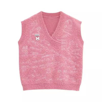 秋冬V领学院风刺绣针织马甲女