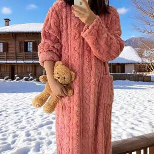 行走的被子冬季新款加长保暖宽松有口袋珊瑚绒家居睡衣睡袍睡裙女