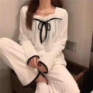 新款 珊瑚绒睡衣女秋冬季 网红ins小香风加厚保暖法兰绒家居服套装