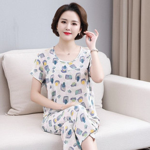 中年妈妈棉绸睡衣女款2025新款夏季短袖大码外穿老年人家居服套装