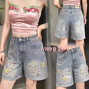 超然牛仔裤2025夏新款欧货重工刺绣蝴蝶花绣饰时尚百搭四五分短裤