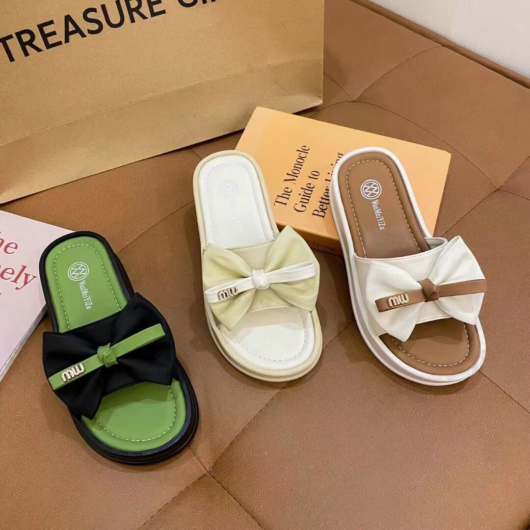 厚底一字拖女鞋新款夏季防滑蝴蝶结网红沙滩鞋