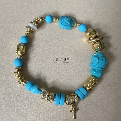 高瓷蓝绿松石大金珠925银手串