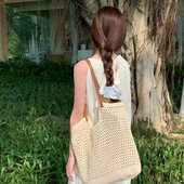 2025新款 大容量单肩棉线编织包镂空网纹通勤托特包海边度假沙滩包